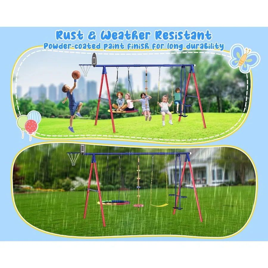 Heavy Duty Metal Swing Set With Rope Swing Glider Hoop