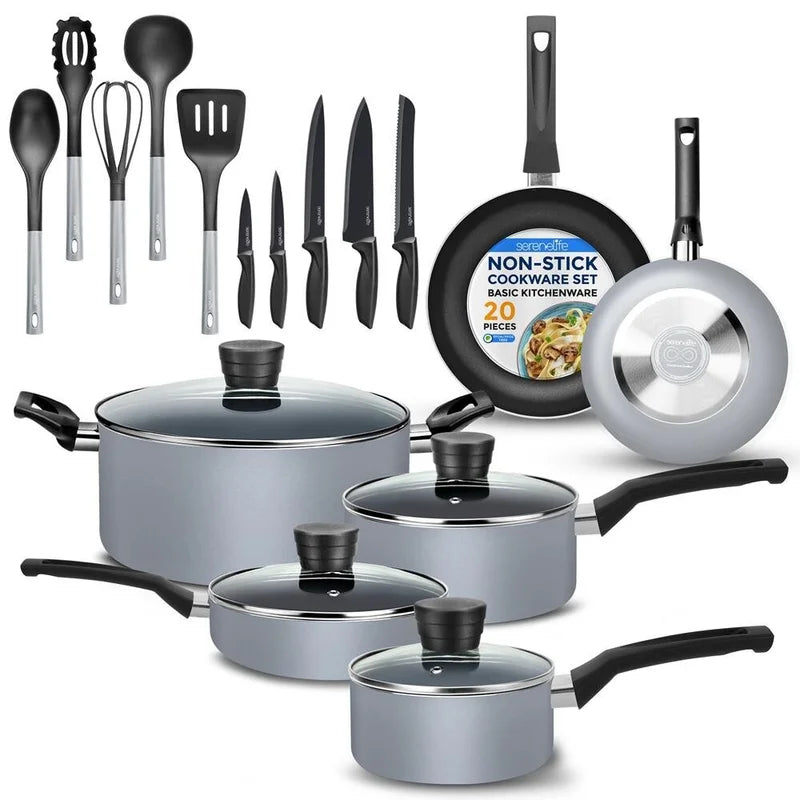20-Piece Gray Nonstick Cookware, Knife and Utensil Set