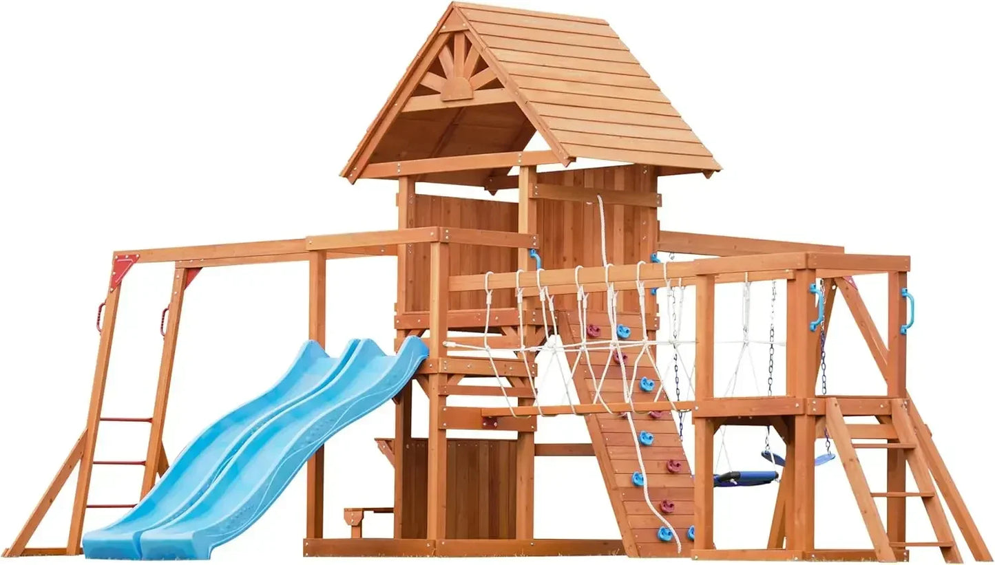 Wooden Backyard Swing Set With Plank Bridge And Monkey Bars