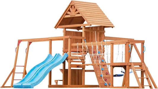 Wooden Backyard Swing Set With Plank Bridge And Monkey Bars