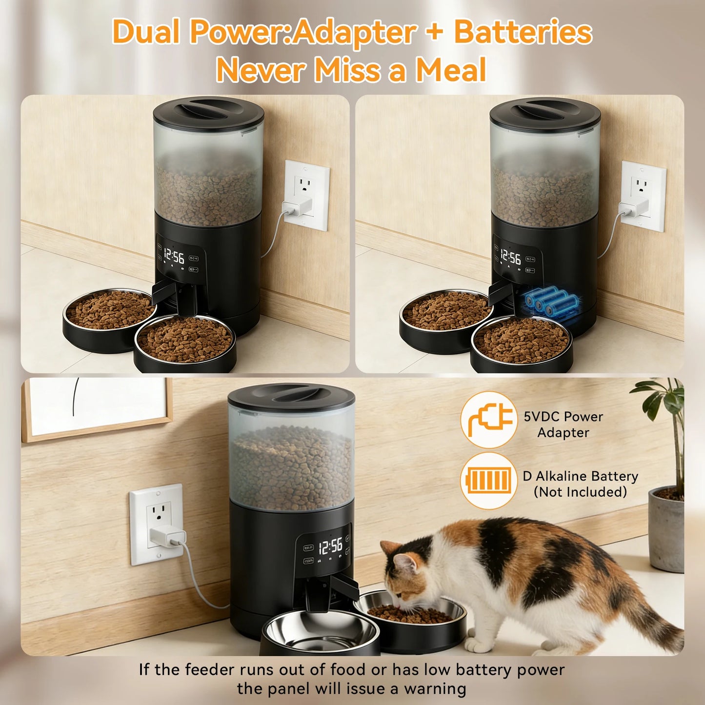 Automatic Cat Feeder With Stainless Bowls Timed Dispenser For Pets