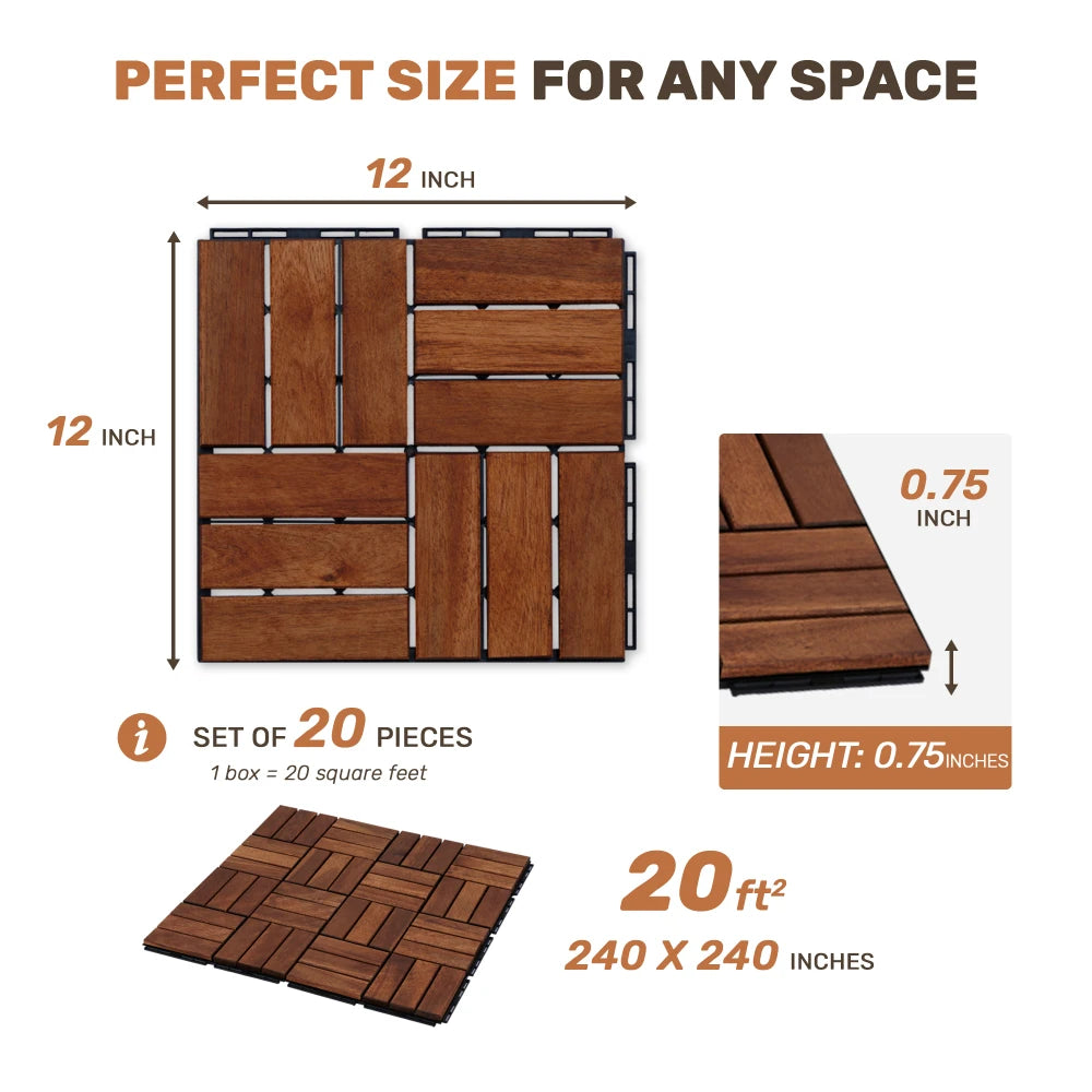 20-Piece Acacia Wood Interlocking Deck Tiles – 12" x 12" Checker Pattern