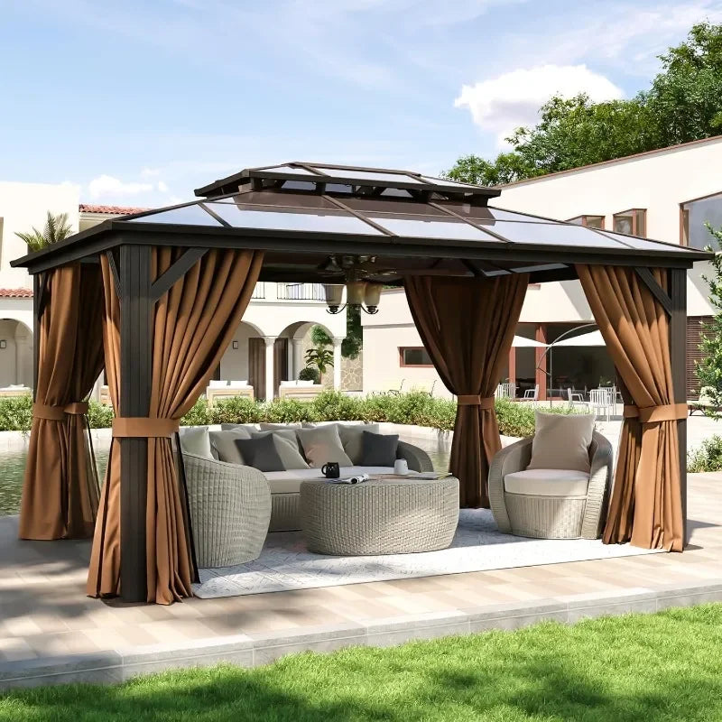 Hardtop Aluminum Gazebo With Curtains Netting And Outdoor Polycarbonate Roof