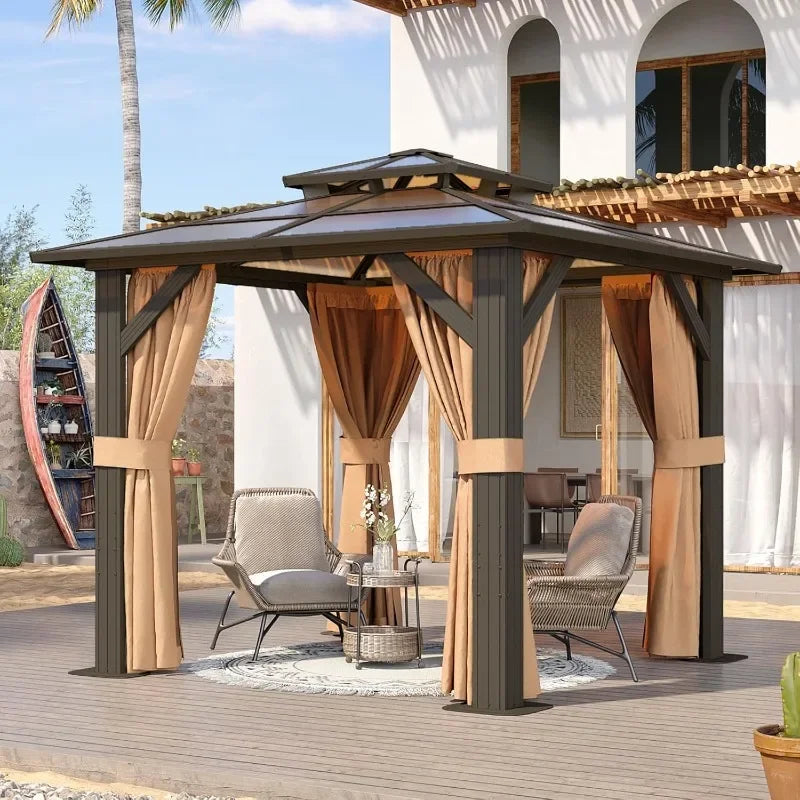 Hardtop Aluminum Gazebo With Curtains Netting And Outdoor Polycarbonate Roof