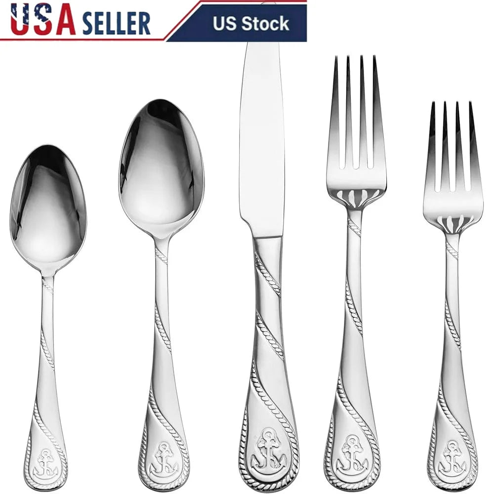 Nautical Stainless Steel Flatware Set For 4 Dishwasher Safe