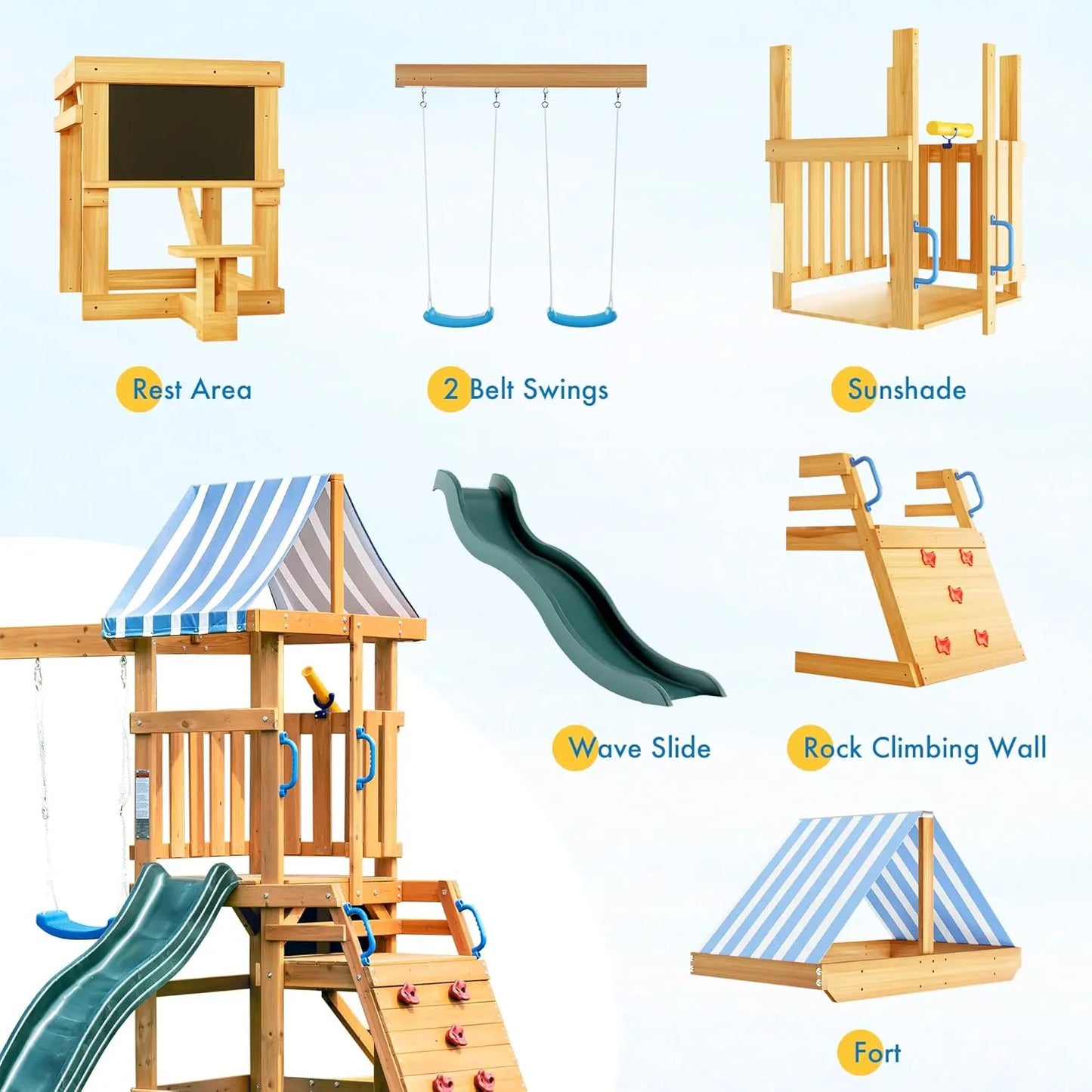 Robotime Robud Wooden Swing Set With Dual Swings Slide Chalkboard