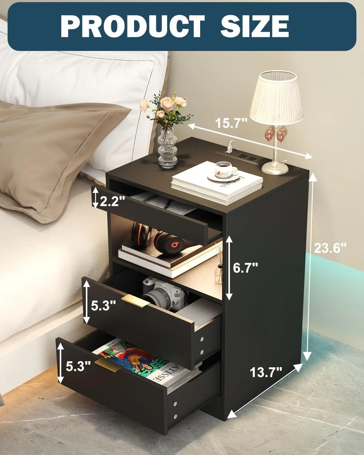 LED Nightstand With Charging Station and Drawer Storage