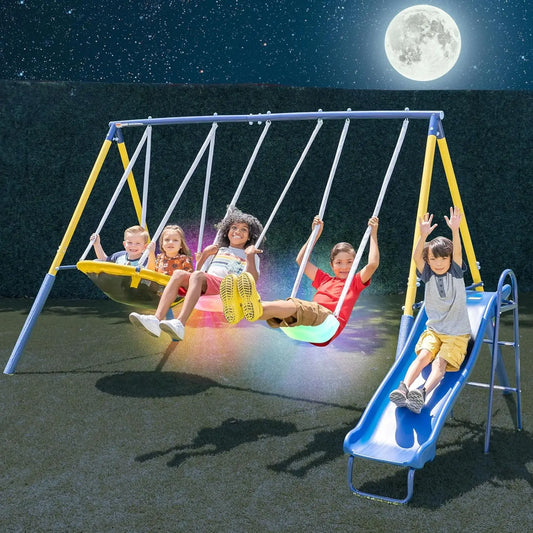 Outdoor Kids Swing Set With LED Swings Saucer Swing Slide