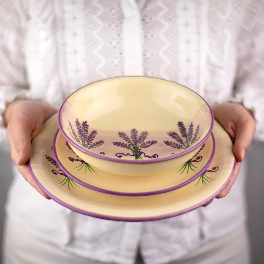 Handmade Lavender Floral Purple and CreamCeramic 12 piece Dinnerware Set | Pottery Tableware Service for 4 | Dinner Plates | Sid