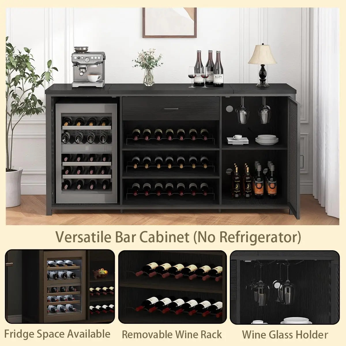 Modern Coffee Bar Cabinet with Fridge Space and Wine Rack