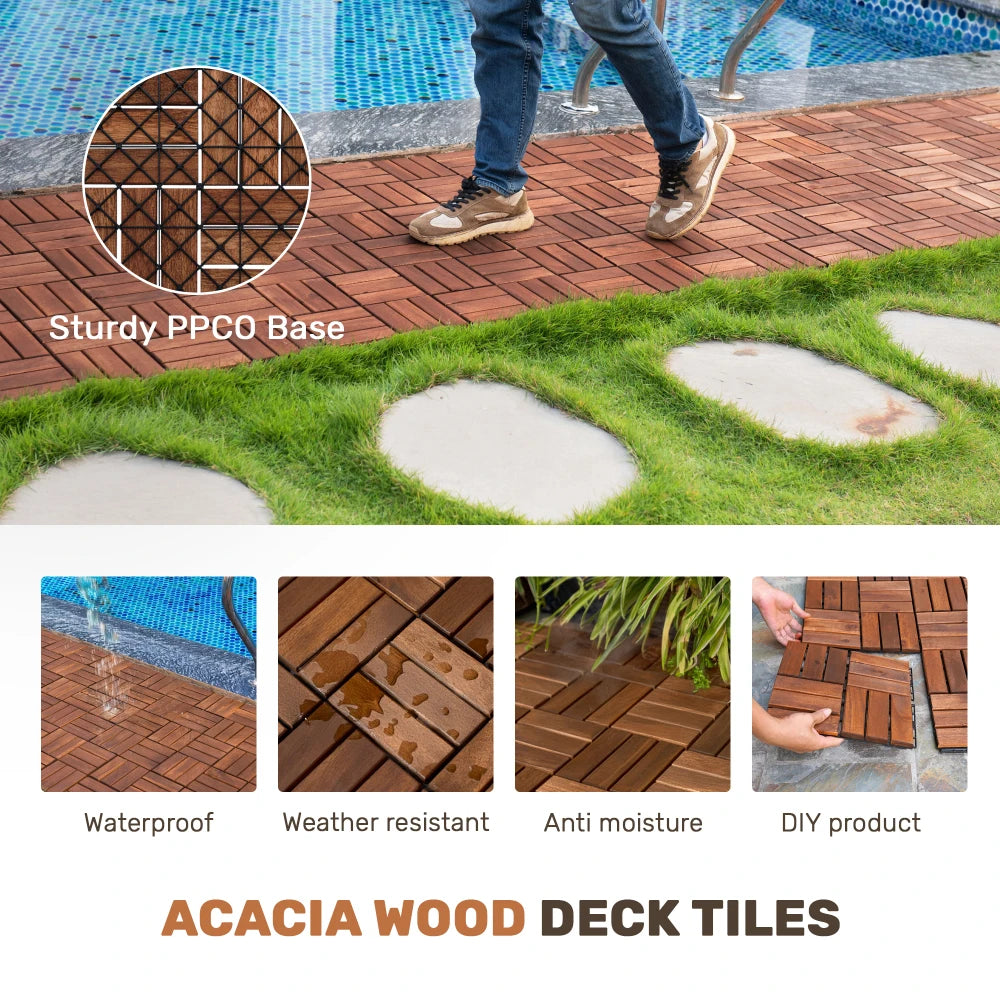 20-Piece Acacia Wood Interlocking Deck Tiles – 12" x 12" Checker Pattern
