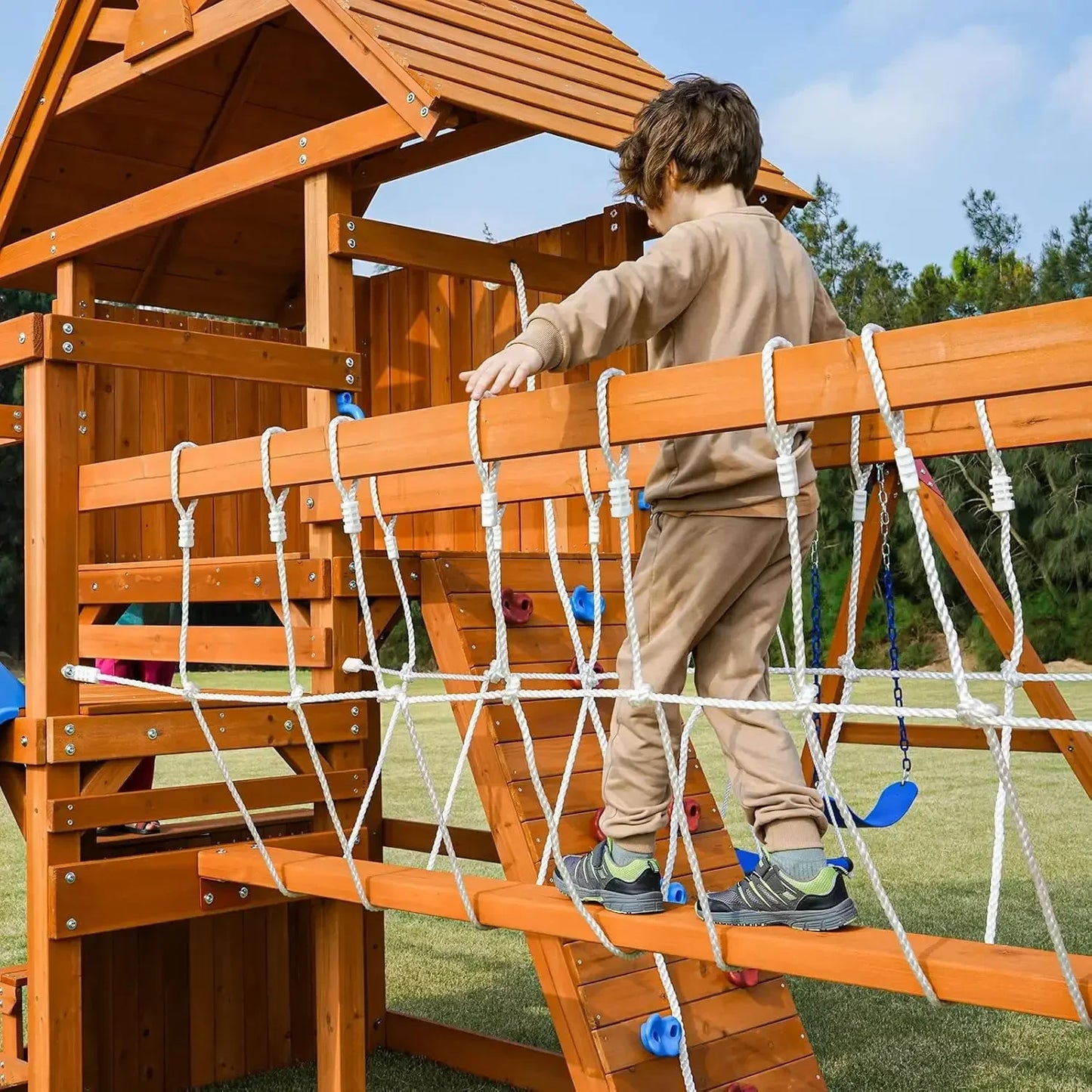 Wooden Backyard Swing Set With Plank Bridge And Monkey Bars