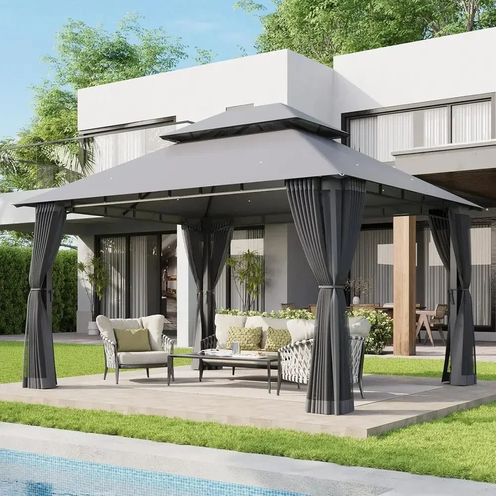 12x10 Outdoor Heavy Duty Gazebo With Double Roof And Mosquito Netting
