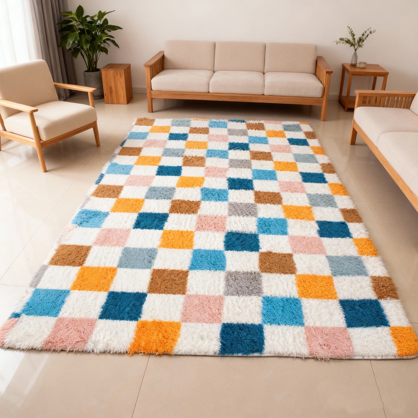 Checkered Shag Rug for Living Room Non Slip High Pile