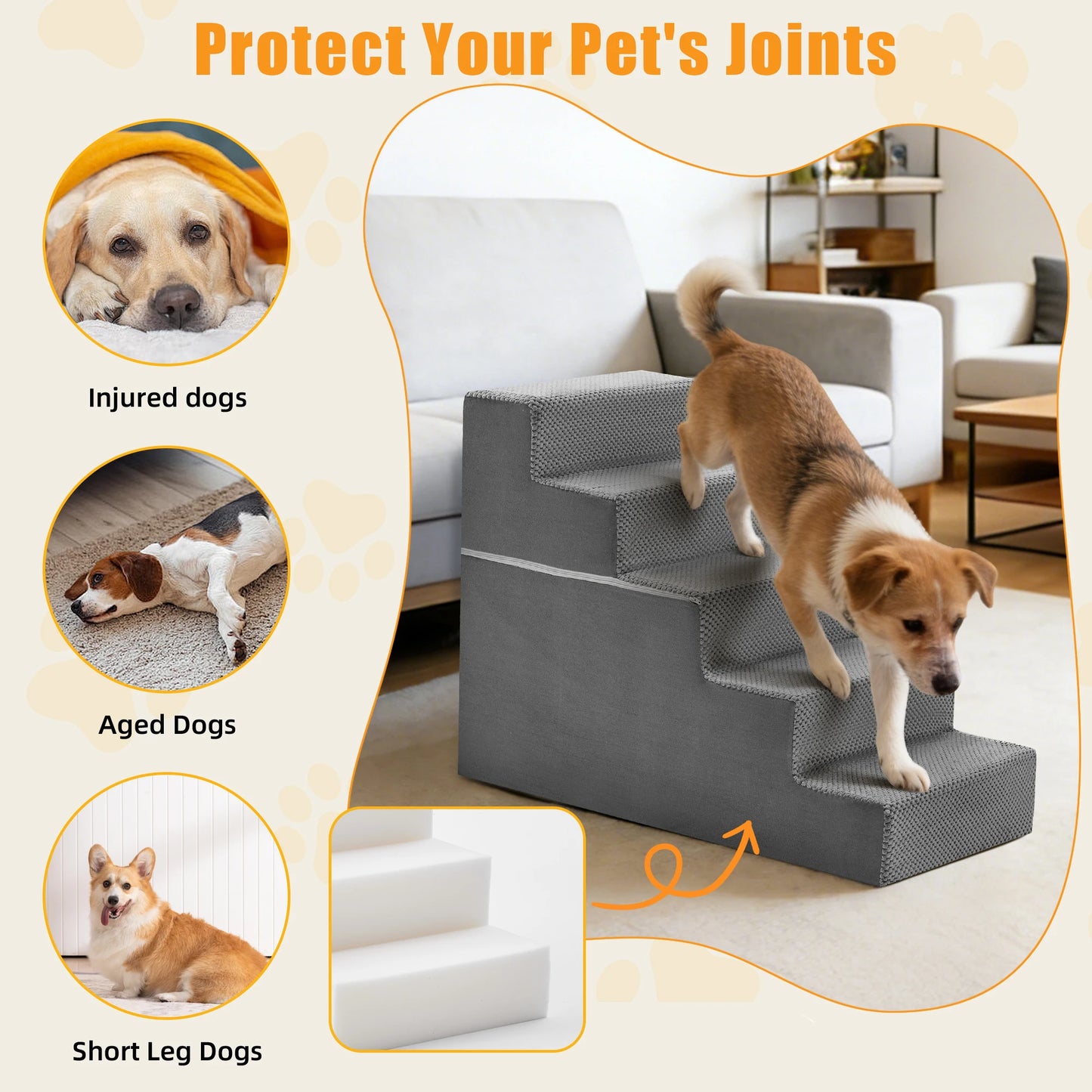 High-Density Foam Pet Stairs With Washable Cover – 3, 4 or 5 Steps