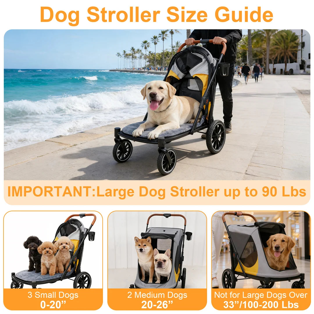 Large Dog Stroller – 90 lb Capacity, One-Click Folding, 4-Wheel Pet Jogger
