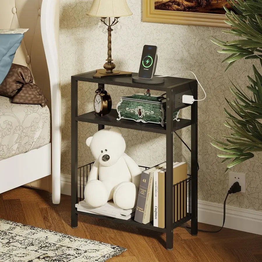 Slim Side Table With Charging Station And Three-Tier Storage Basket