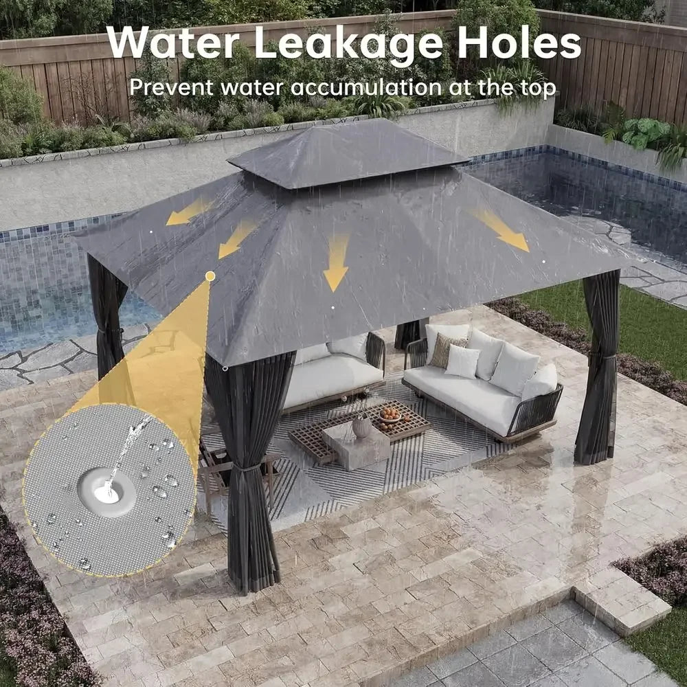 12x10 Outdoor Heavy Duty Gazebo With Double Roof And Mosquito Netting