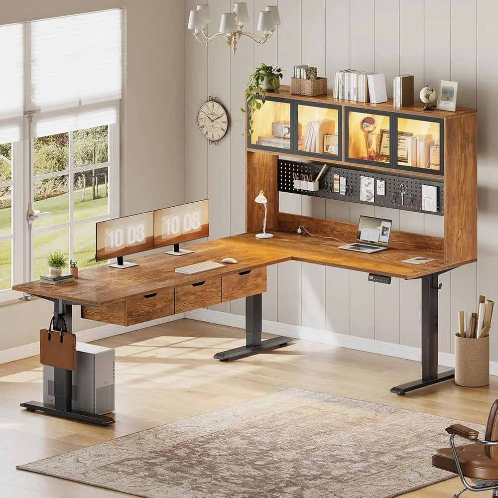 Standing L Shaped Gaming Desk With Pegboard And LED Light