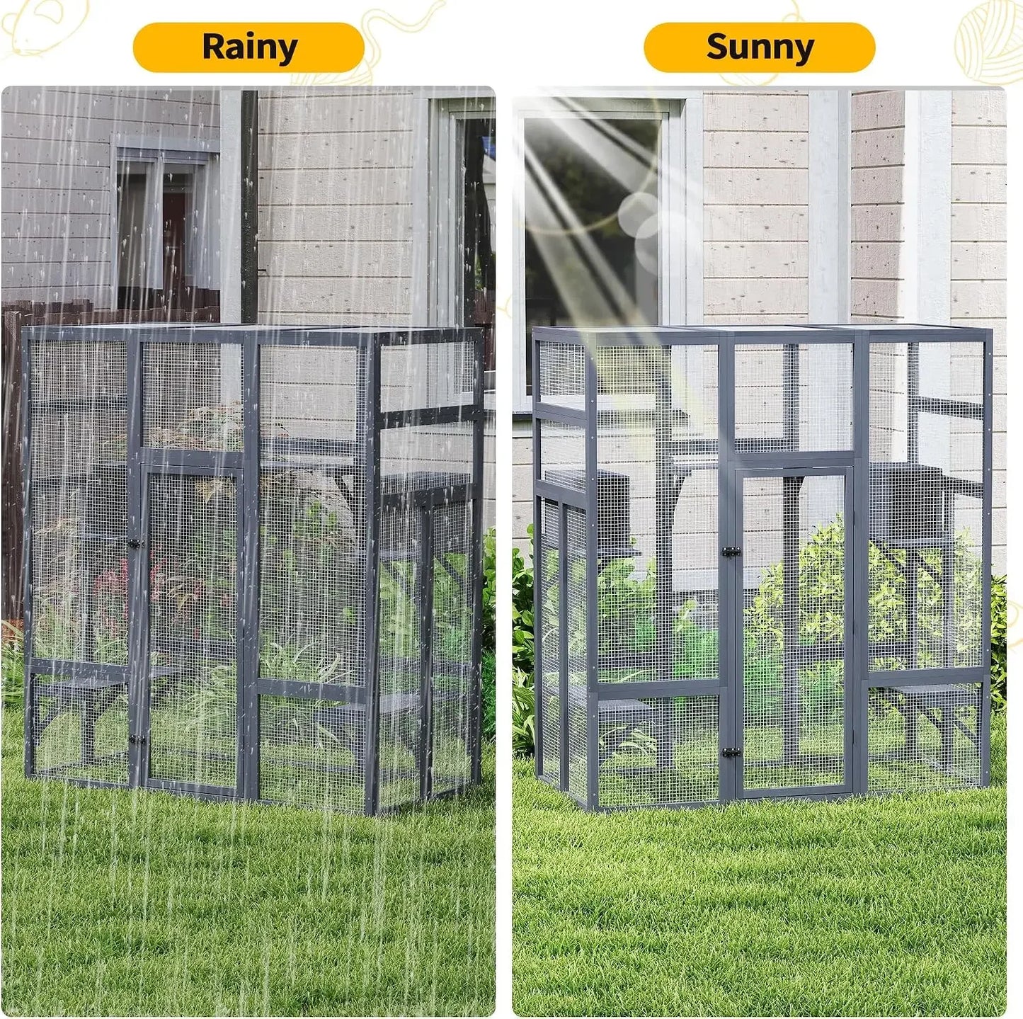 Wooden Outdoor Cat Enclosure With Waterproof Roof And Platforms