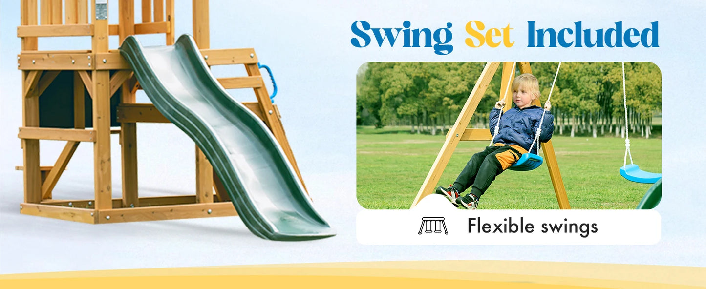 Robotime Robud Wooden Swing Set With Dual Swings Slide Chalkboard