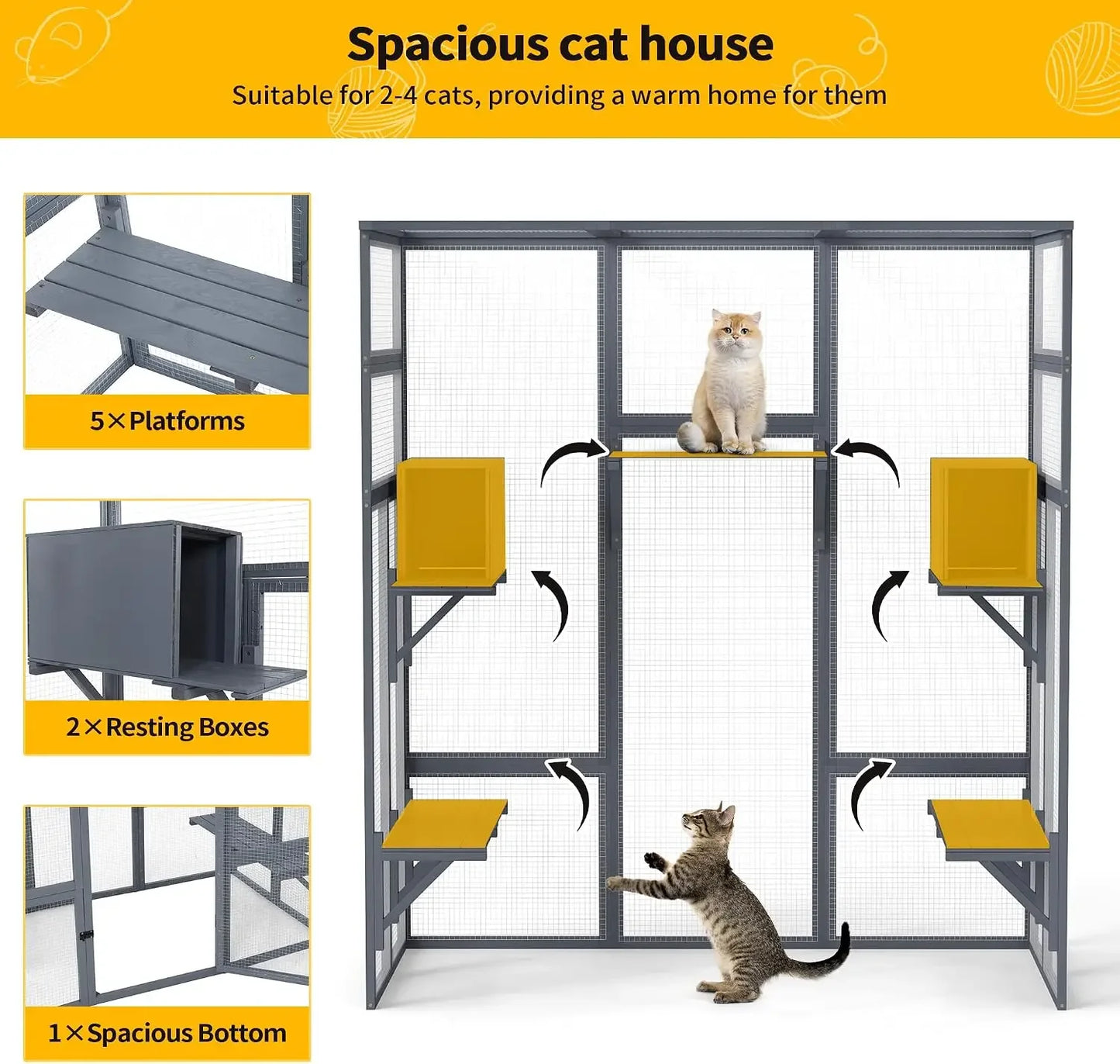 Wooden Outdoor Cat Enclosure With Waterproof Roof And Platforms
