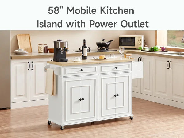 58-Inch Rolling Kitchen Island with Drop Leaf & Power Outlet