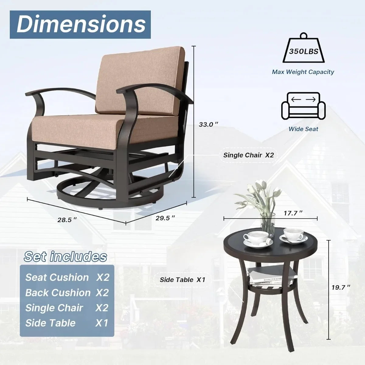 Swivel Rocker Patio Set 3 Piece Aluminum Chairs Glass Table