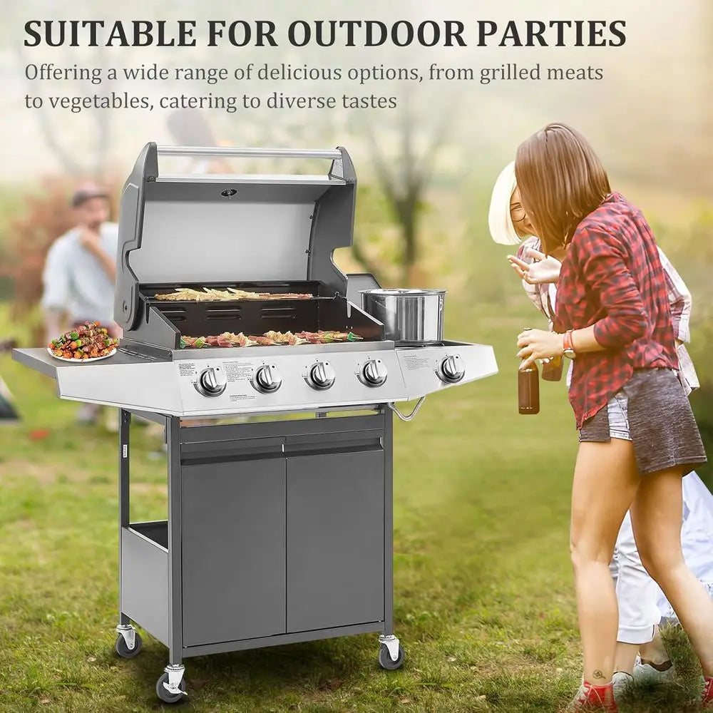 Four Burner Propane Gas BBQ Grill With Side Burner Thermometer