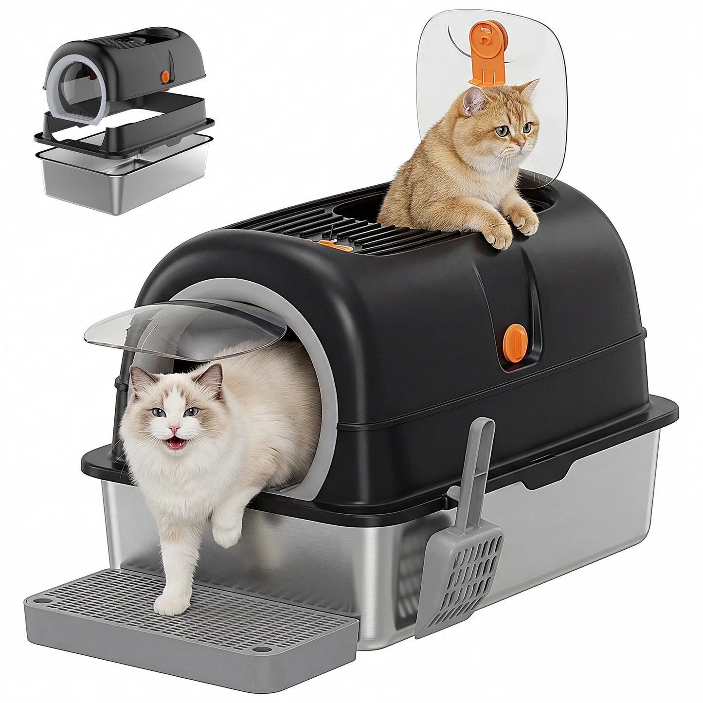Stainless Steel Enclosed Cat Litter Box With Scoop And Mat