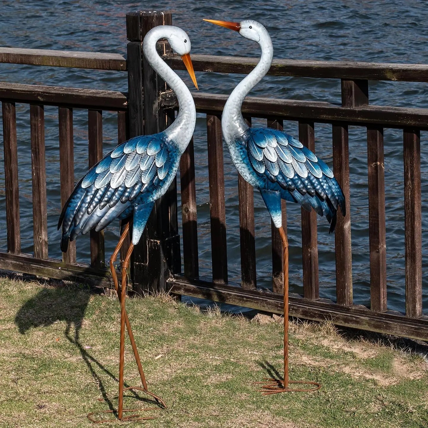 Metal Crane Yard Statue Garden Pond Outdoor Decor Ornament