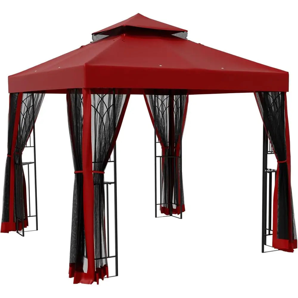 8' x 8' Outdoor Patio Gazebo with Mesh Netting & Built-In Corner Shelves