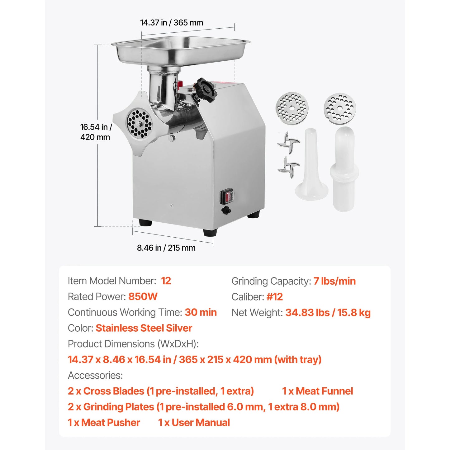 SucceBuy #12 850W Heavy-Duty Electric Meat Grinder – 7 lb/min