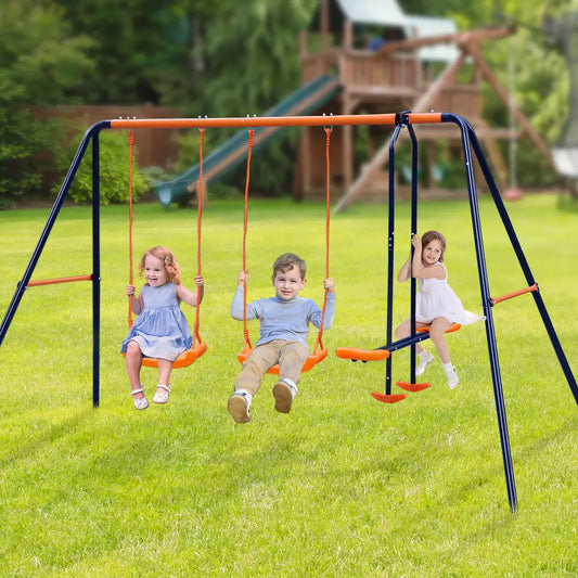 Outdoor Kids Swing Set W/2 Seats & 1 Glide Swing Set for Backyard 440lb Capacity