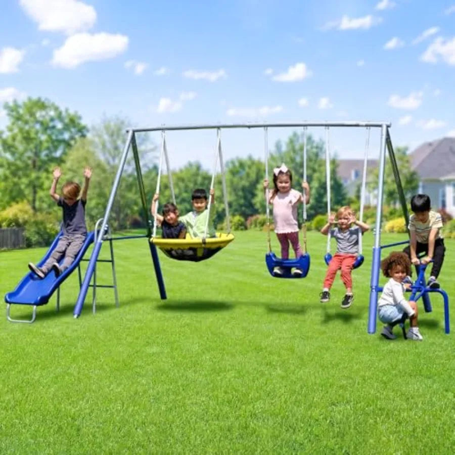 Outdoor Kids Swing Set With Teeter Totter and Slide