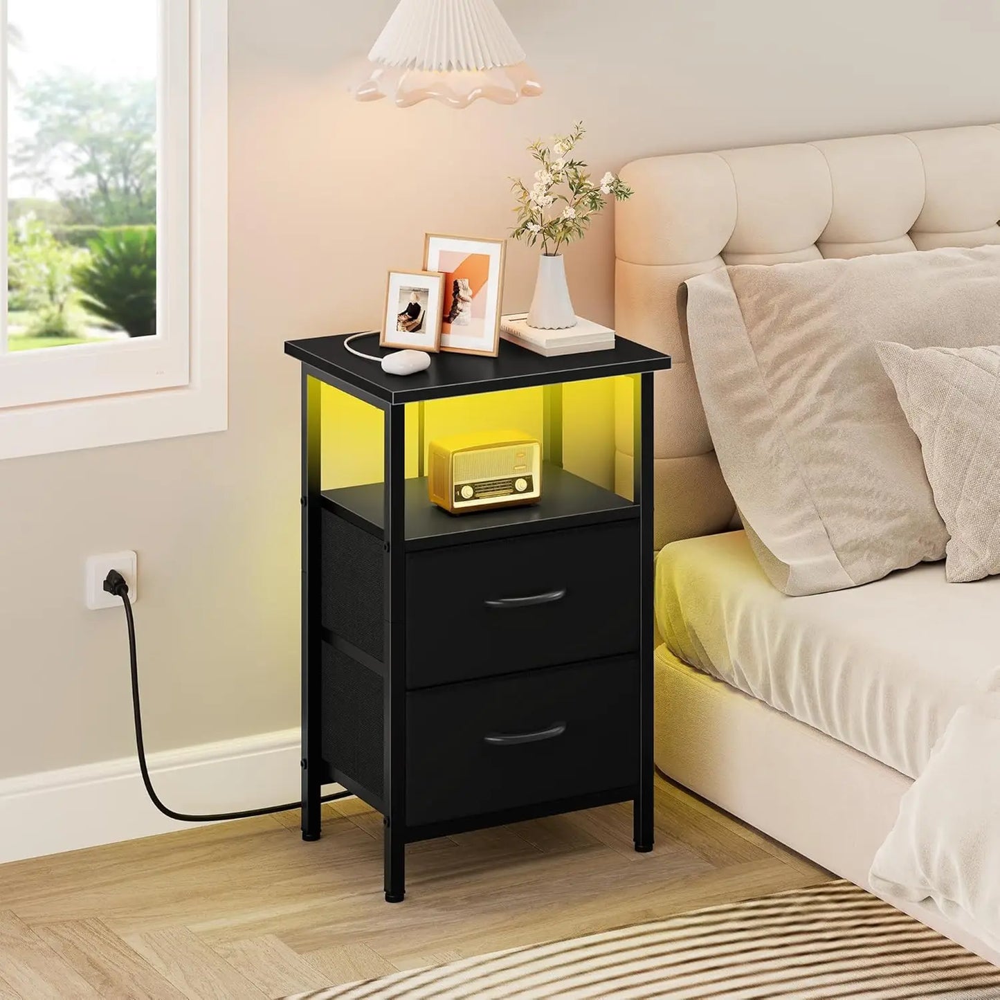 Two Piece Nightstand Set With LED Lighting And Charging Dock
