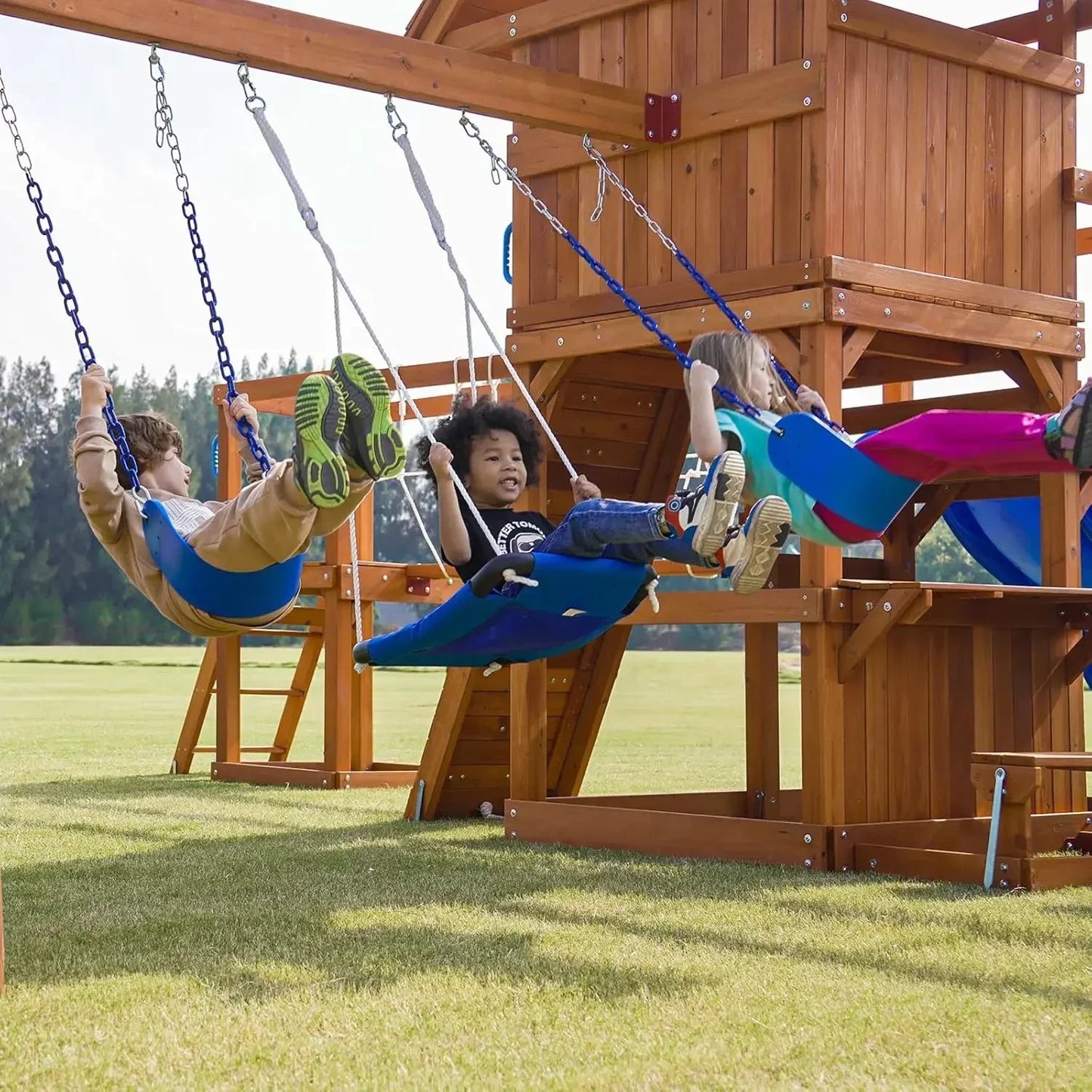 Wooden Backyard Swing Set With Plank Bridge And Monkey Bars
