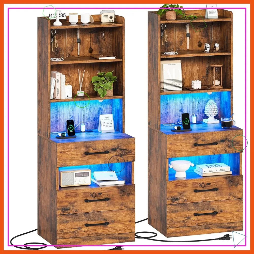 Tall Nightstand Set Of Two With LED Lights And Charging