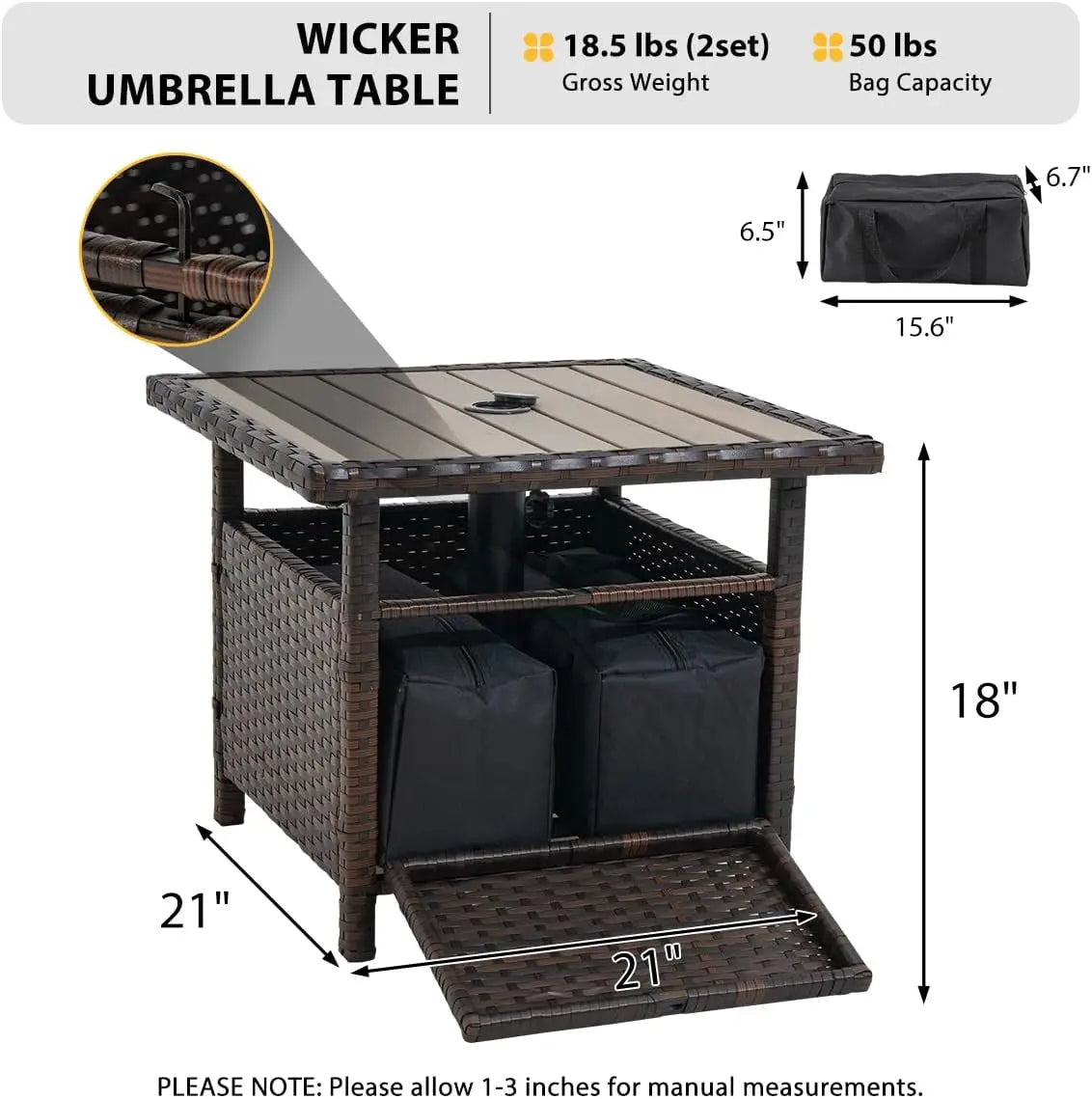 Wicker Patio Umbrella Stand With Side Table And Weight Bags
