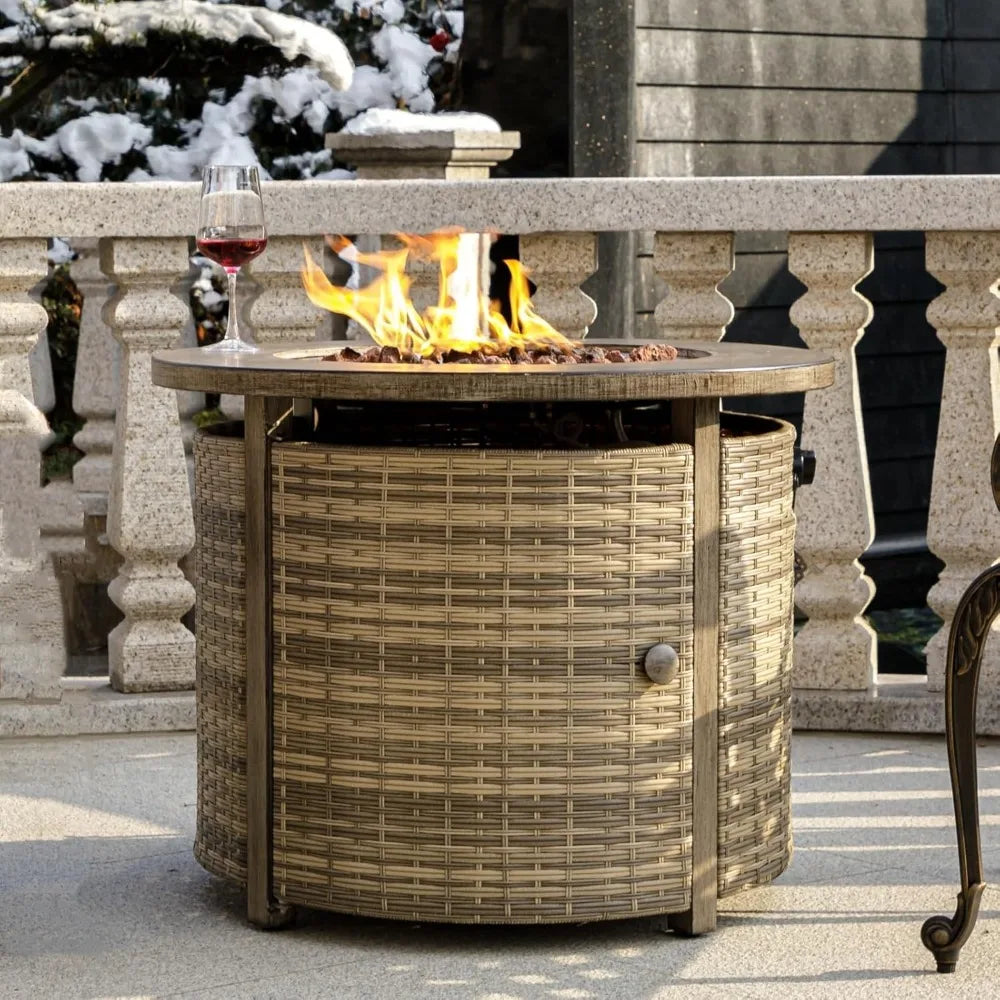 Propane Fire Pit Table In Wicker For Outdoor Patio Use