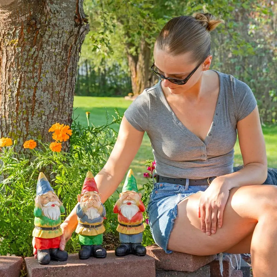Three Wise Garden Gnomes Hear Speak See No Evil Statues