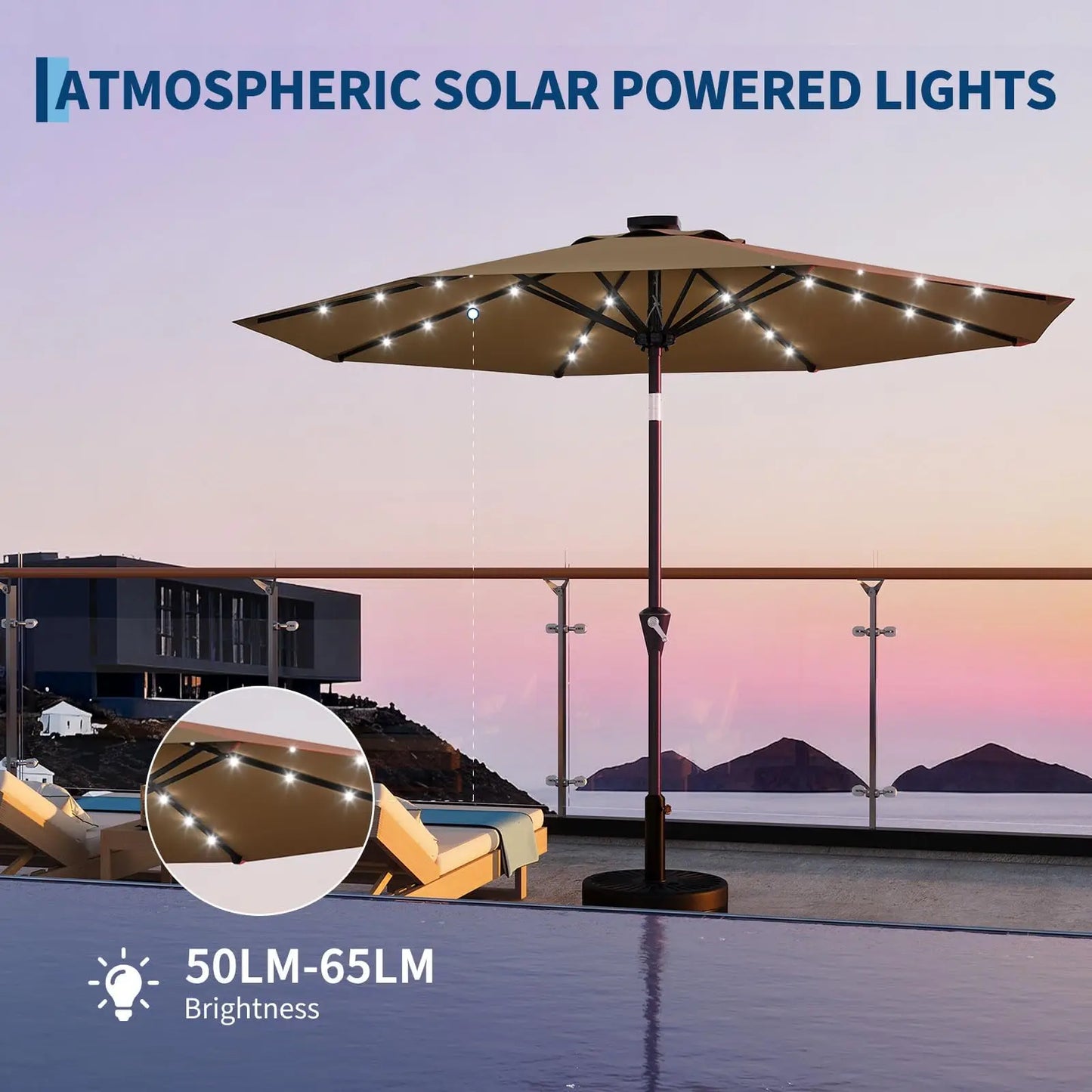 Solar Powered Patio Umbrella With 32 LED Lights Tilt System