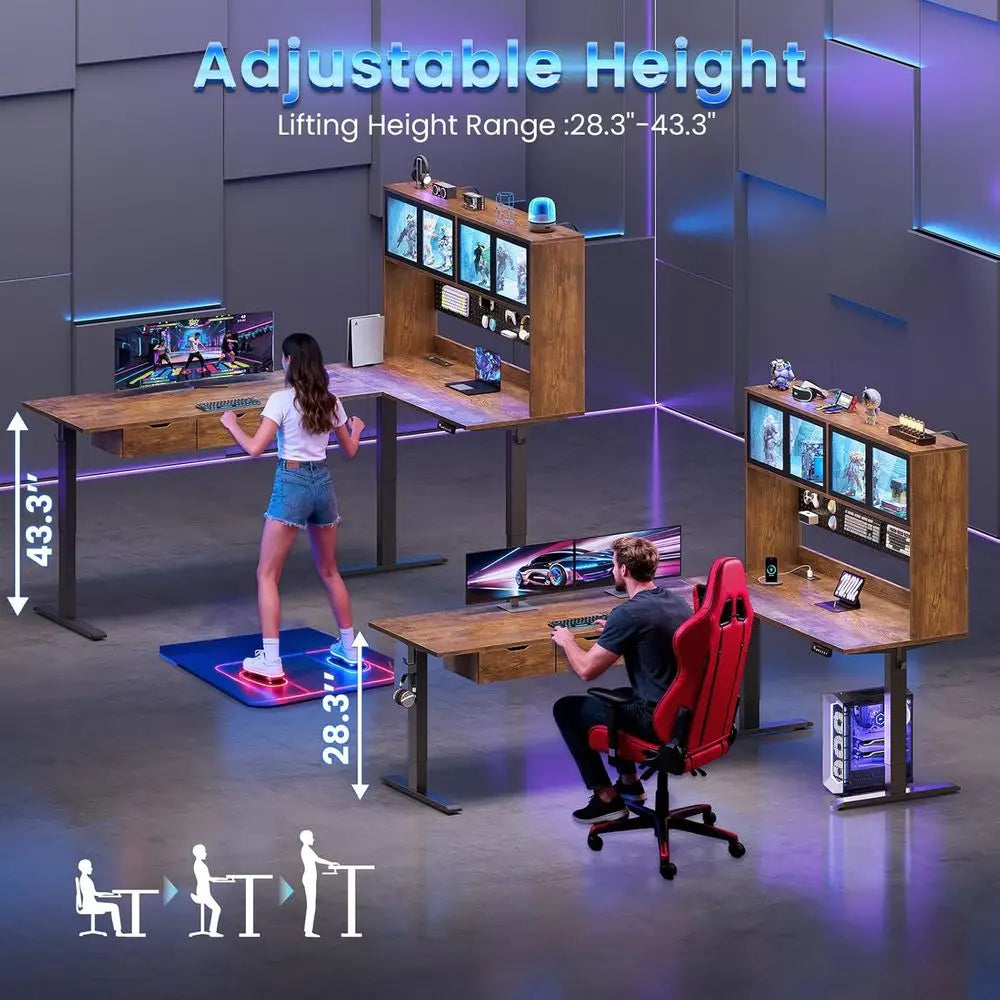 Standing L Shaped Gaming Desk With Pegboard And LED Light