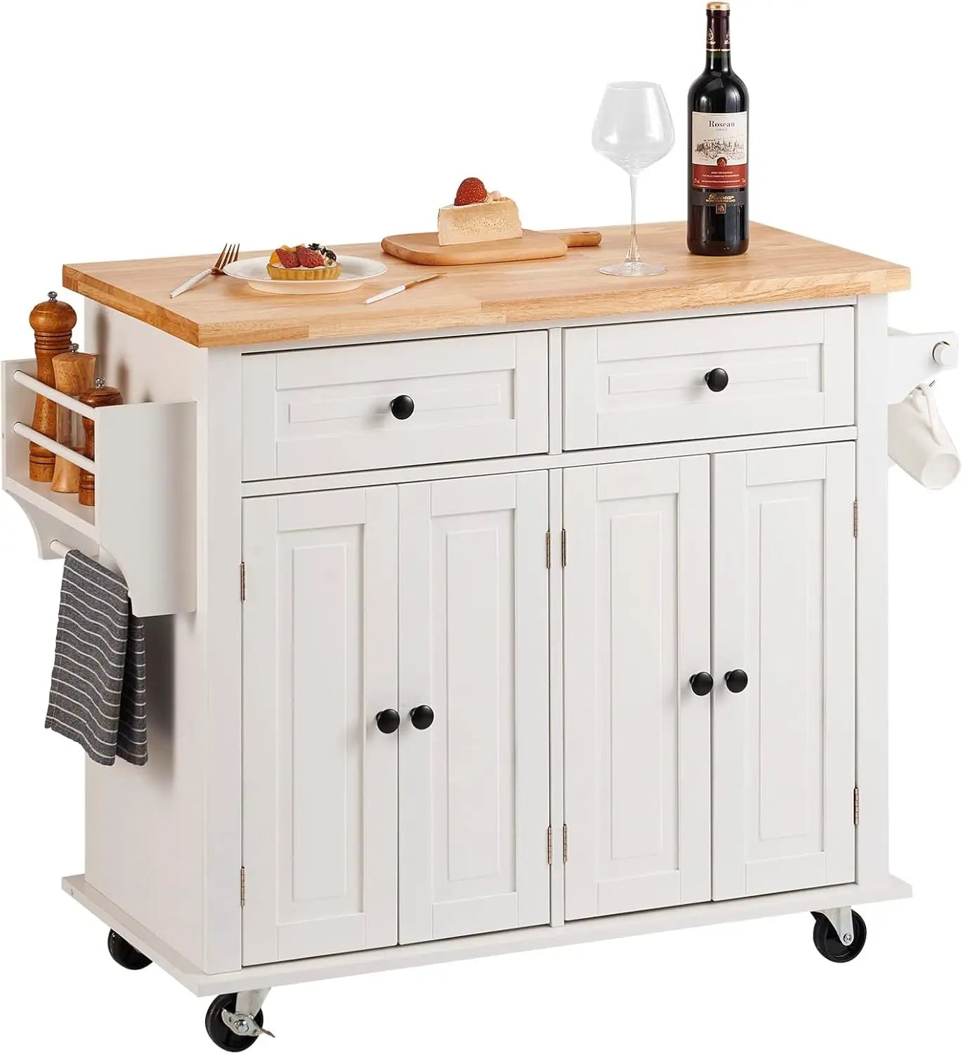 Mobile Kitchen Island Cart Solid Wood Top And Lockable Wheels