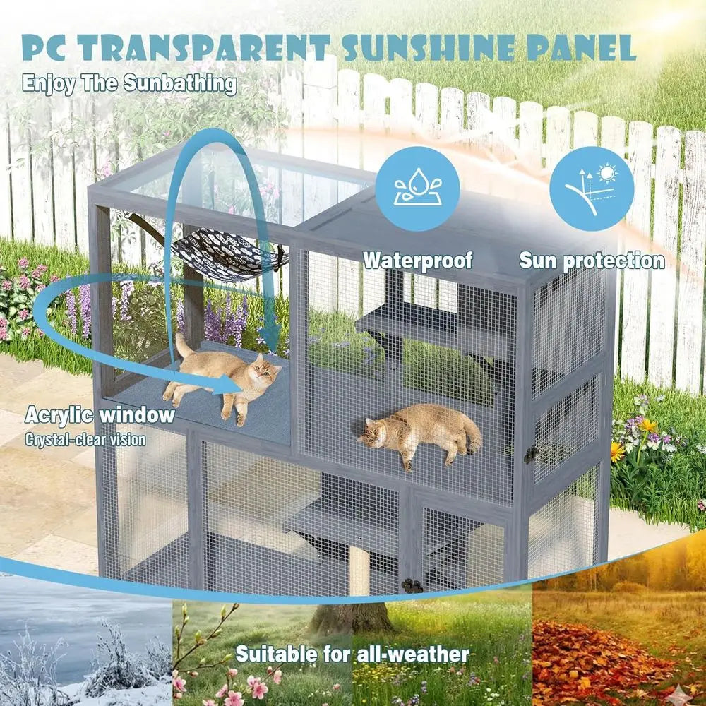 Catio Outdoor Cat Enclosure on Wheels, 4 Tier Large Cat House or Multiple Cats with Resting Box and Hammock, Indoor Wooden Kitty
