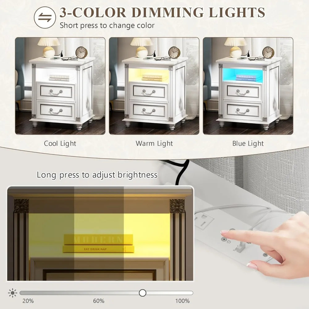 Nightstand With Charging Station And LED Lighted Drawers