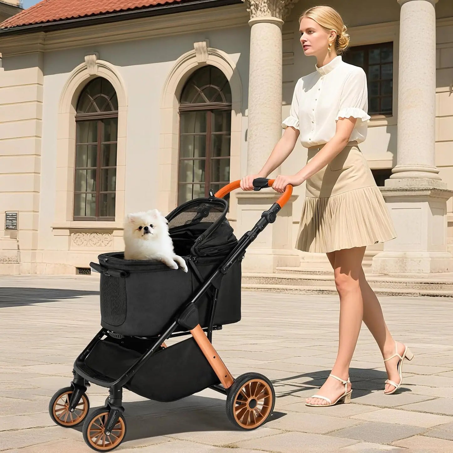 JHK 3 Wheels Foldable Pet Stroller for Small Dogs and Cats Stroller with Mesh Windows Storage Basket Cup Holder for Outdoor Use