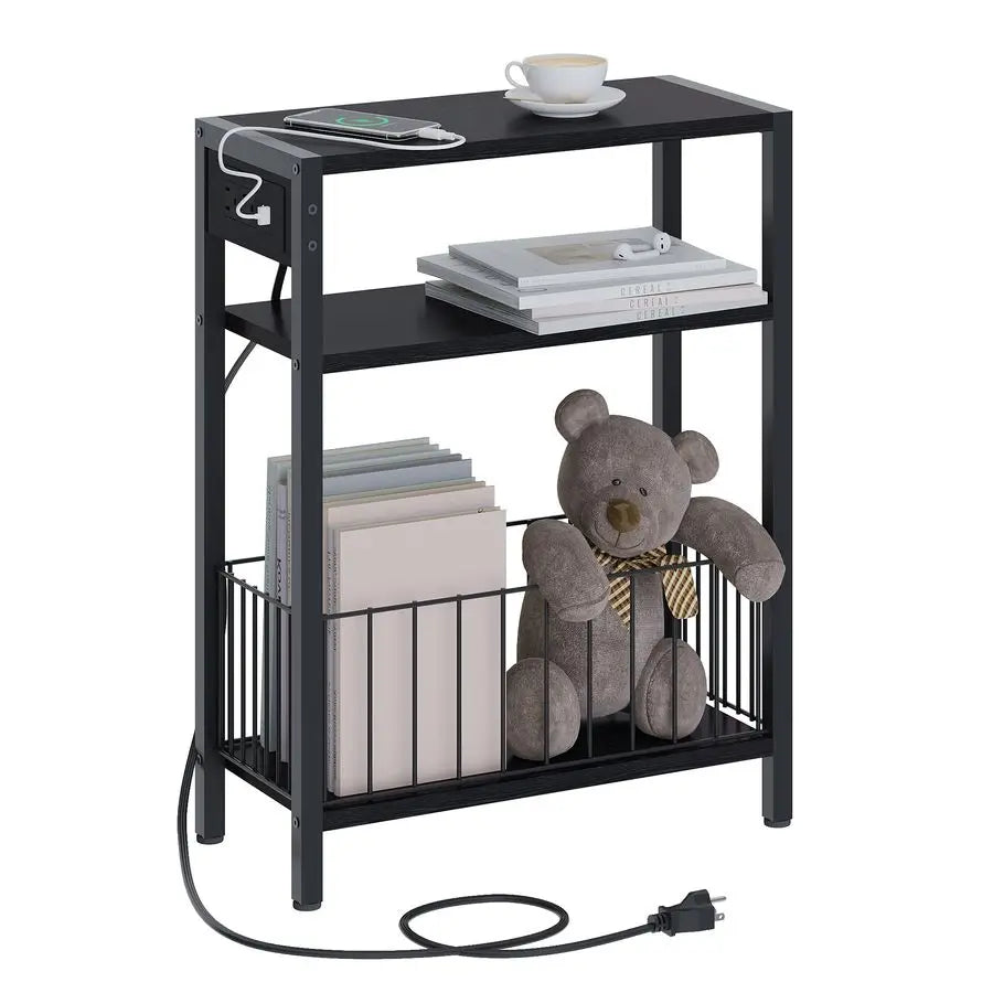 Slim Side Table With Charging Station And Three-Tier Storage Basket