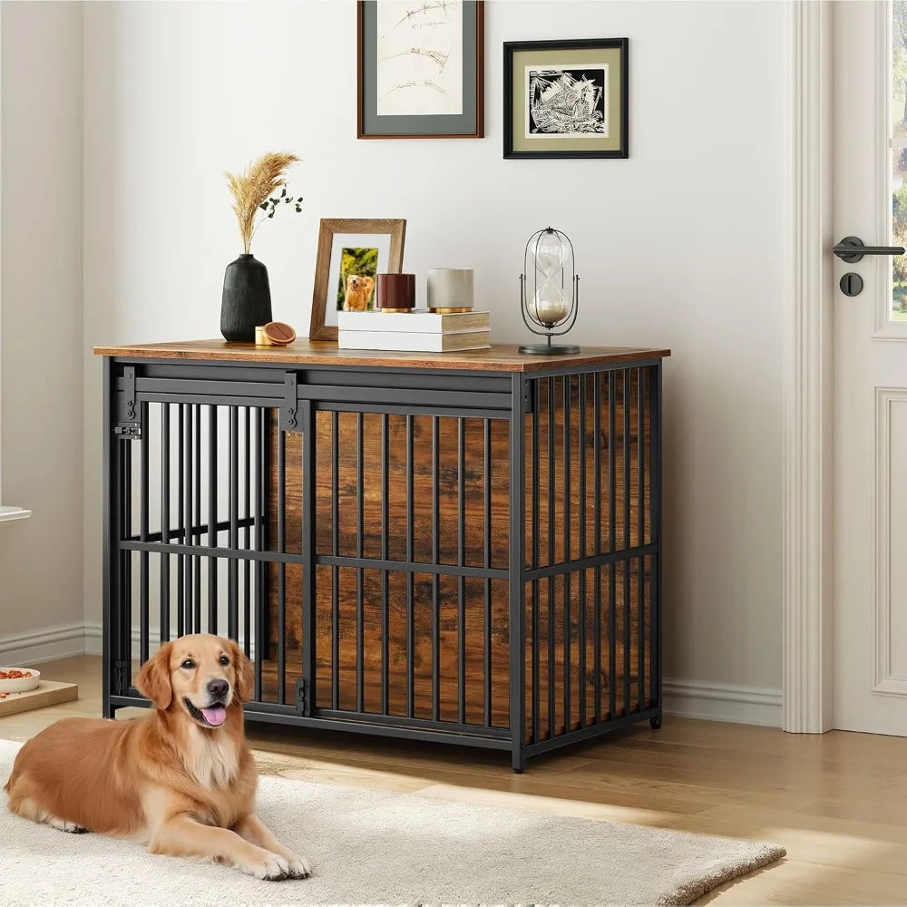 Heavy Duty Durable Dog Crate Table With Sliding Barn Door