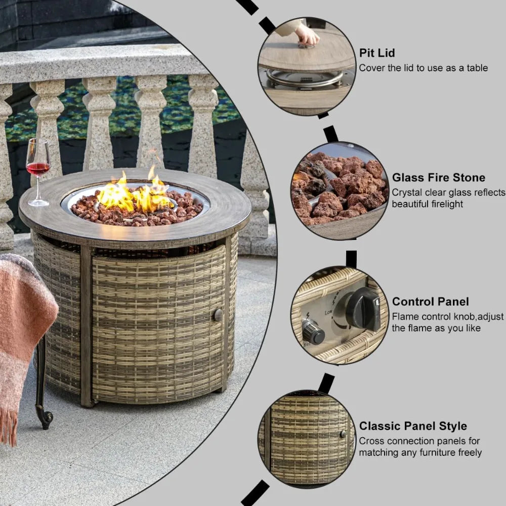 Propane Fire Pit Table In Wicker For Outdoor Patio Use